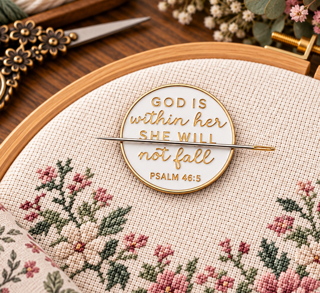 God Is Within Her Enamel magnetic Needle Minder For Cross Stitch