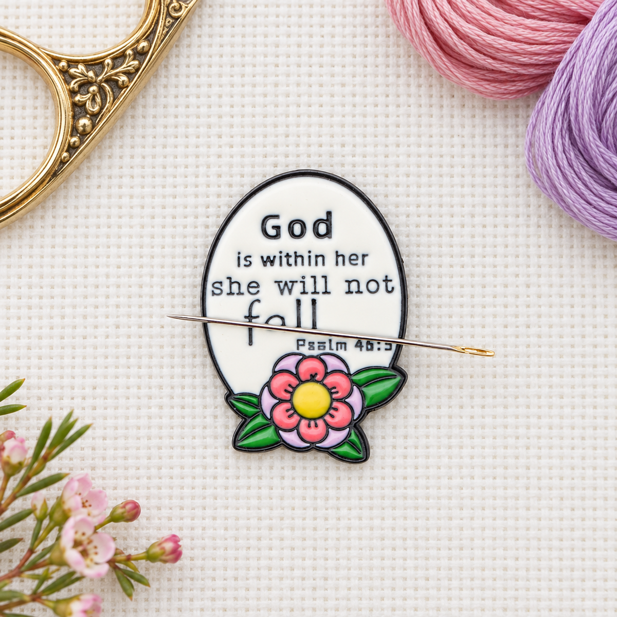 God Is Within Her Enamel Magnetic Needle Minder Cross Stitch