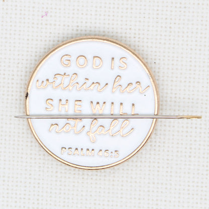 God Is Within Her Enamel magnetic Needle Minder For Cross Stitch
