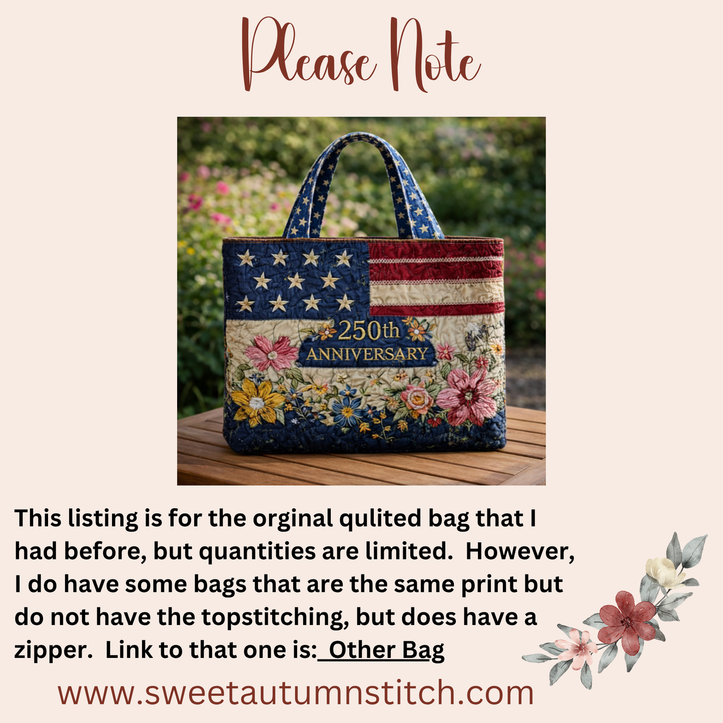250th Anniversary Project Tote - original quilted