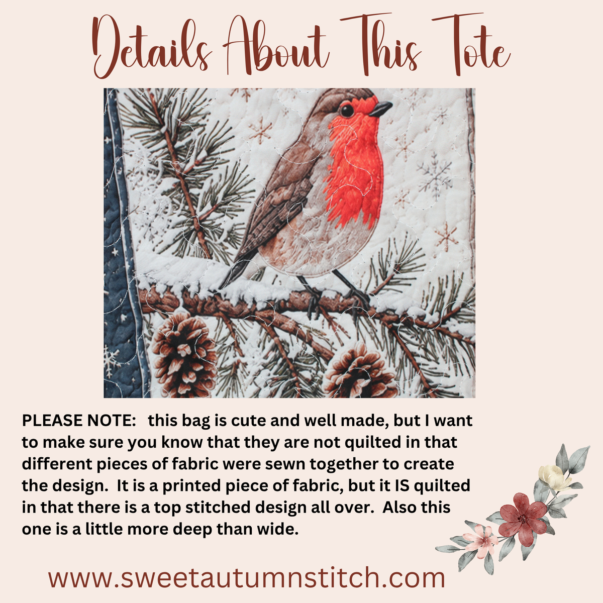 Winter Bird Tote not quilted with zipper