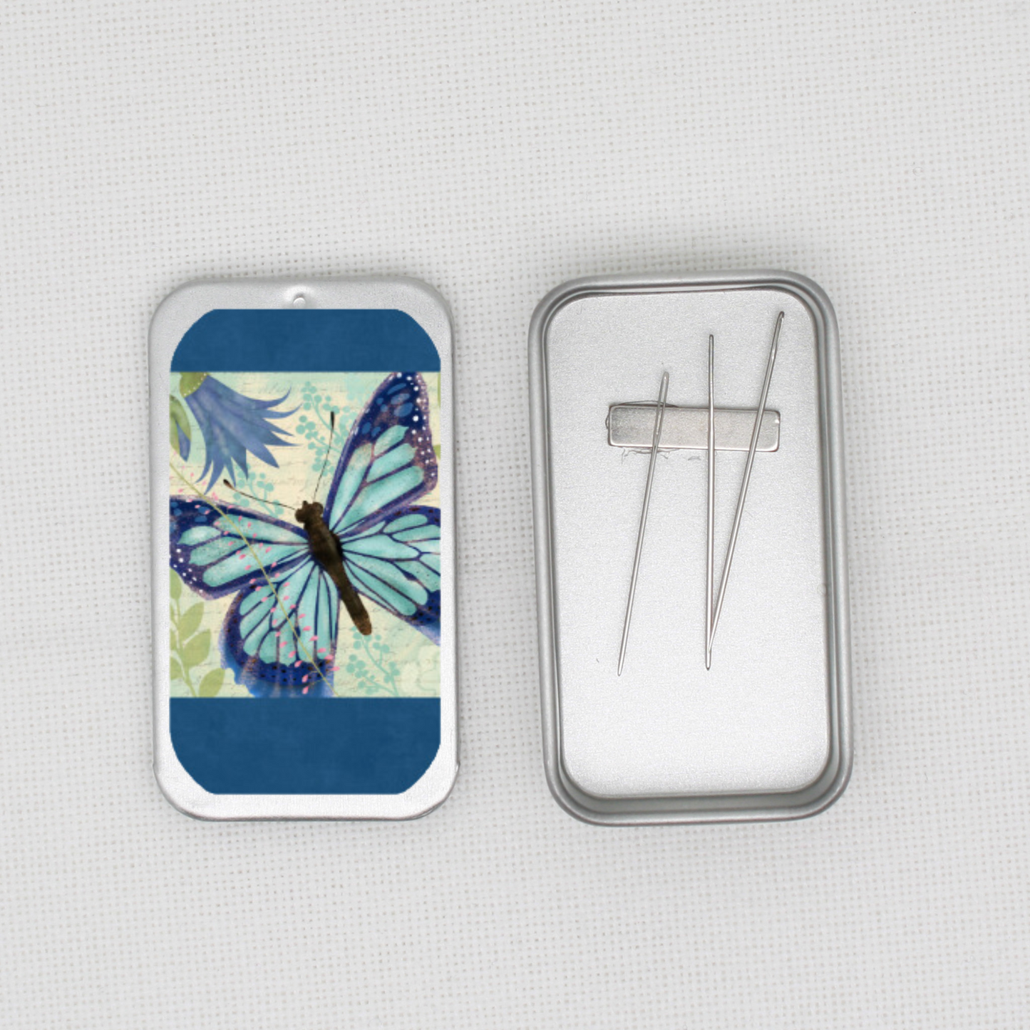 Blue Butterfly Needle Tin