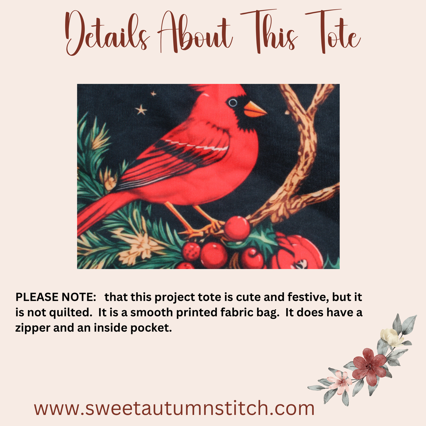 Cardinals Tote not quilted with zipper